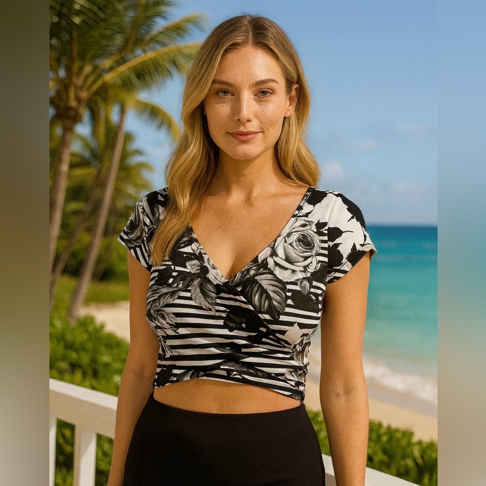 RARE Bebe Tempted Rose Crop Top XS Black White Floral Stripe Cross Front NWT